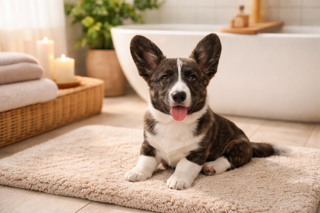 Calm corgi puppy sitting on a bath mat in a warm bathroom before bath time