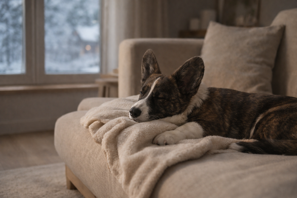 Cozy dog resting at home during winter in a warm, calm living space
