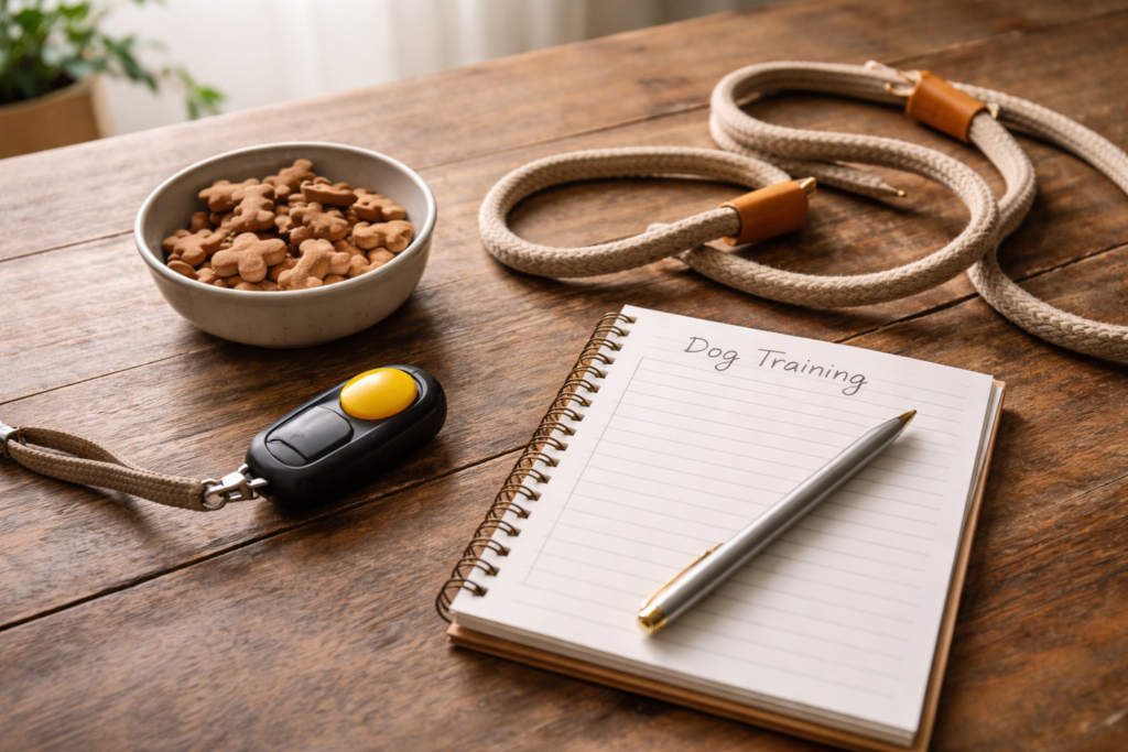 Dog training tools arranged on a wooden table representing behavior training, communication, and positive reinforcement